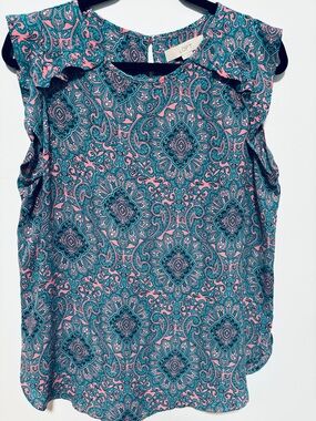 LOFT Turquoise & Pink Print Sleeveless With Ruffles Blouse Size M